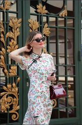 a lady in a printed Qipao dress